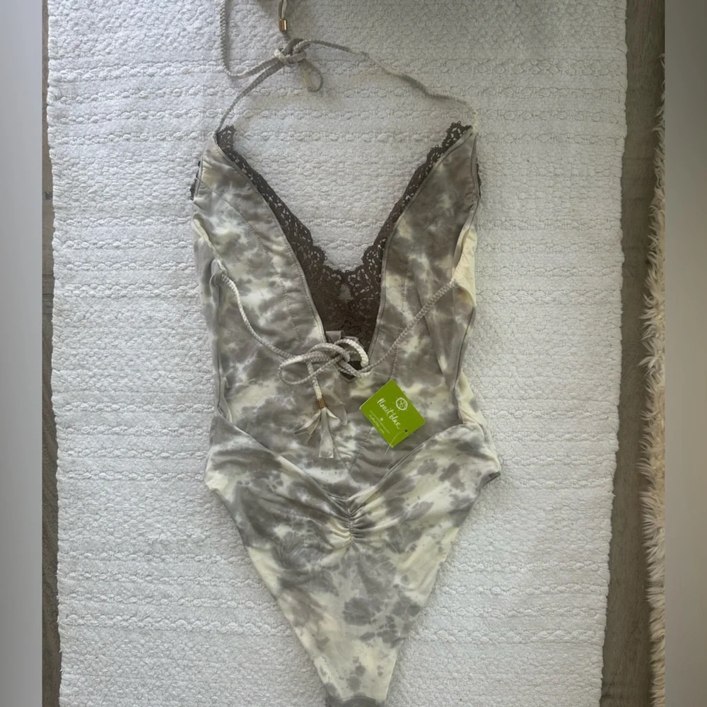 Blue Life one piece halter swimsuit with crochet deep v tie dye - Picture 8 of 10